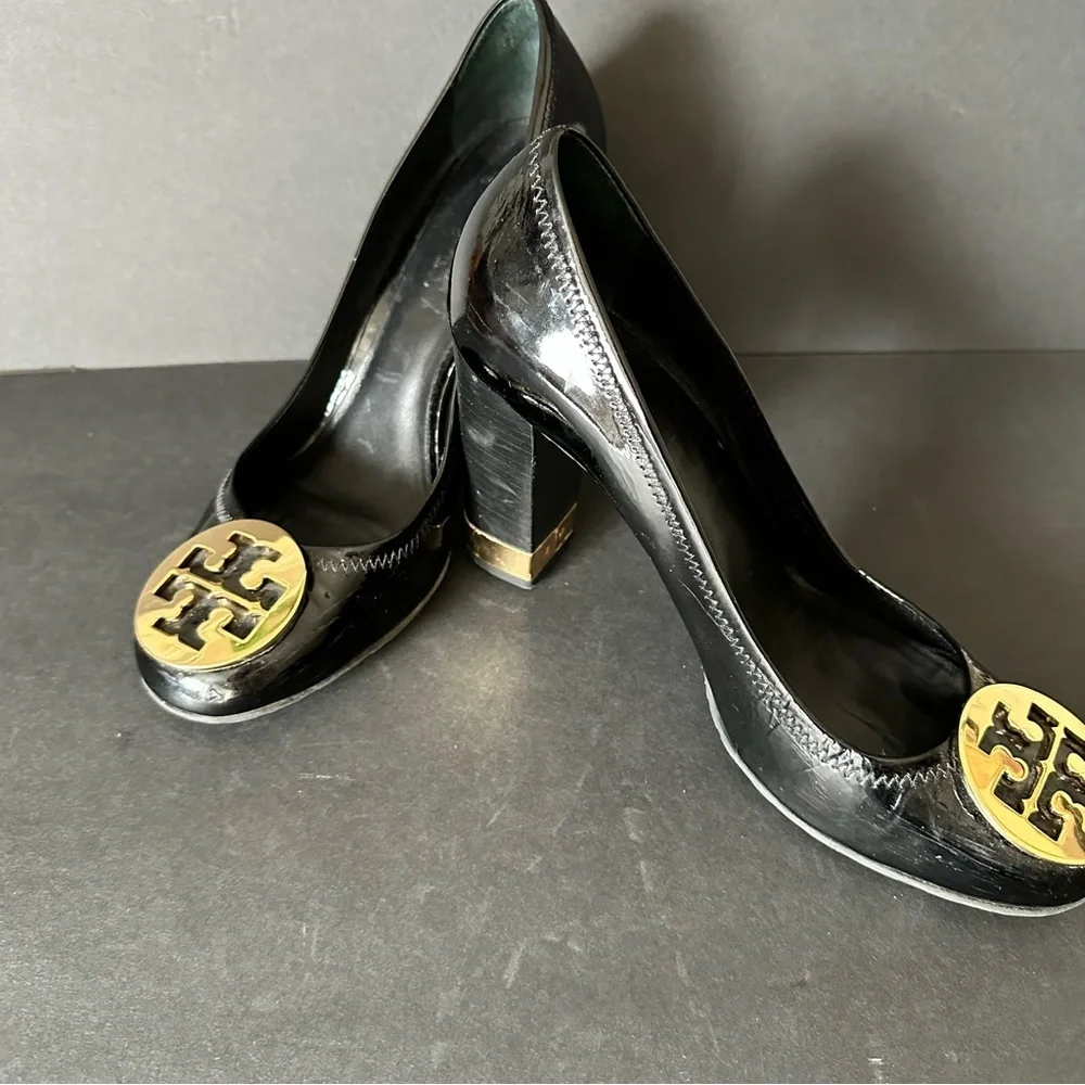 Tory Burch Patent Black Leather Maddie Block Heel Pumps Size 9.5